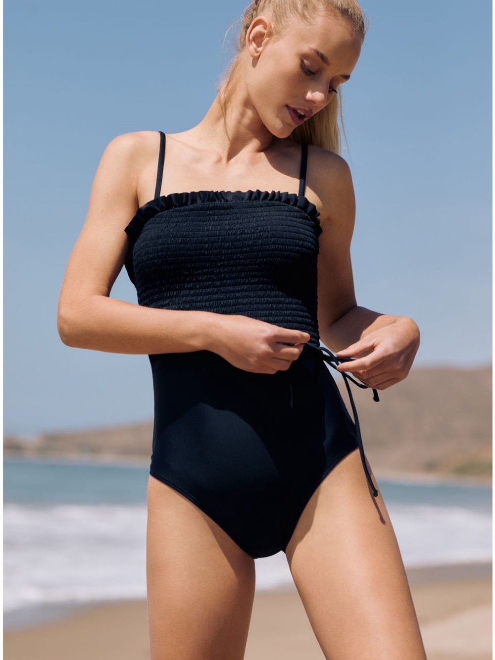 Anthropologie Smocked One Piece Swimsuit Pull-On Side Tie Swimwear Beach Black